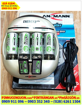 Ansman Energy 8Plus _Bộ sạc 6viên pin, Kèm sẳn 6 Pin (4 Pin sạc D5000mAh-1.2v và 2 Pin 9v MaxE E200mAh)